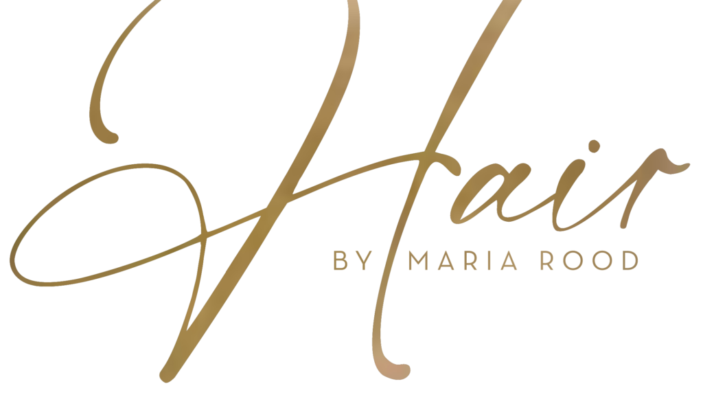 Logo van Hair By Maria Rood, de naam uitgeschreven in gouden letters.