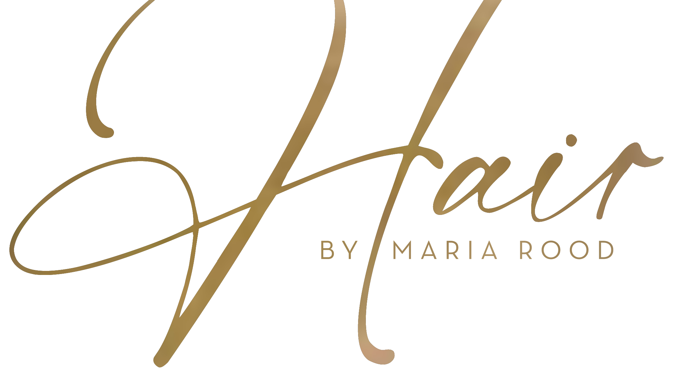 Logo van Hair By Maria Rood, de naam uitgeschreven in gouden letters.